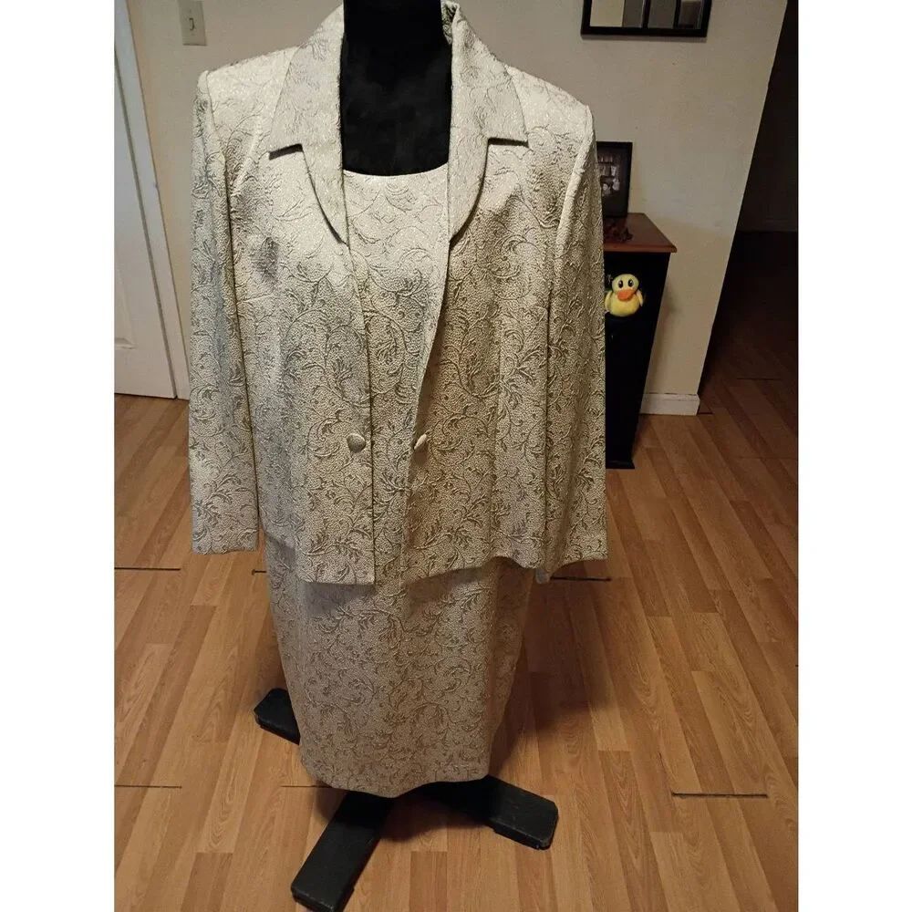 Vintage Sz 18 Leslie Fay Grey Embroidered 2pc Dress Set Sleeveless Dress Jacket